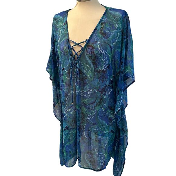 Ralph Lauren Blue Swim Beach Cover Up Chiffon Tunic Paisley XL 1X - Picture 1 of 6